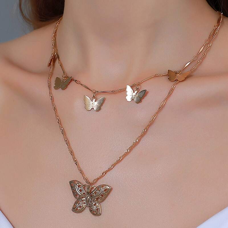 

Butterfly Design Layered Necklace, Gold
