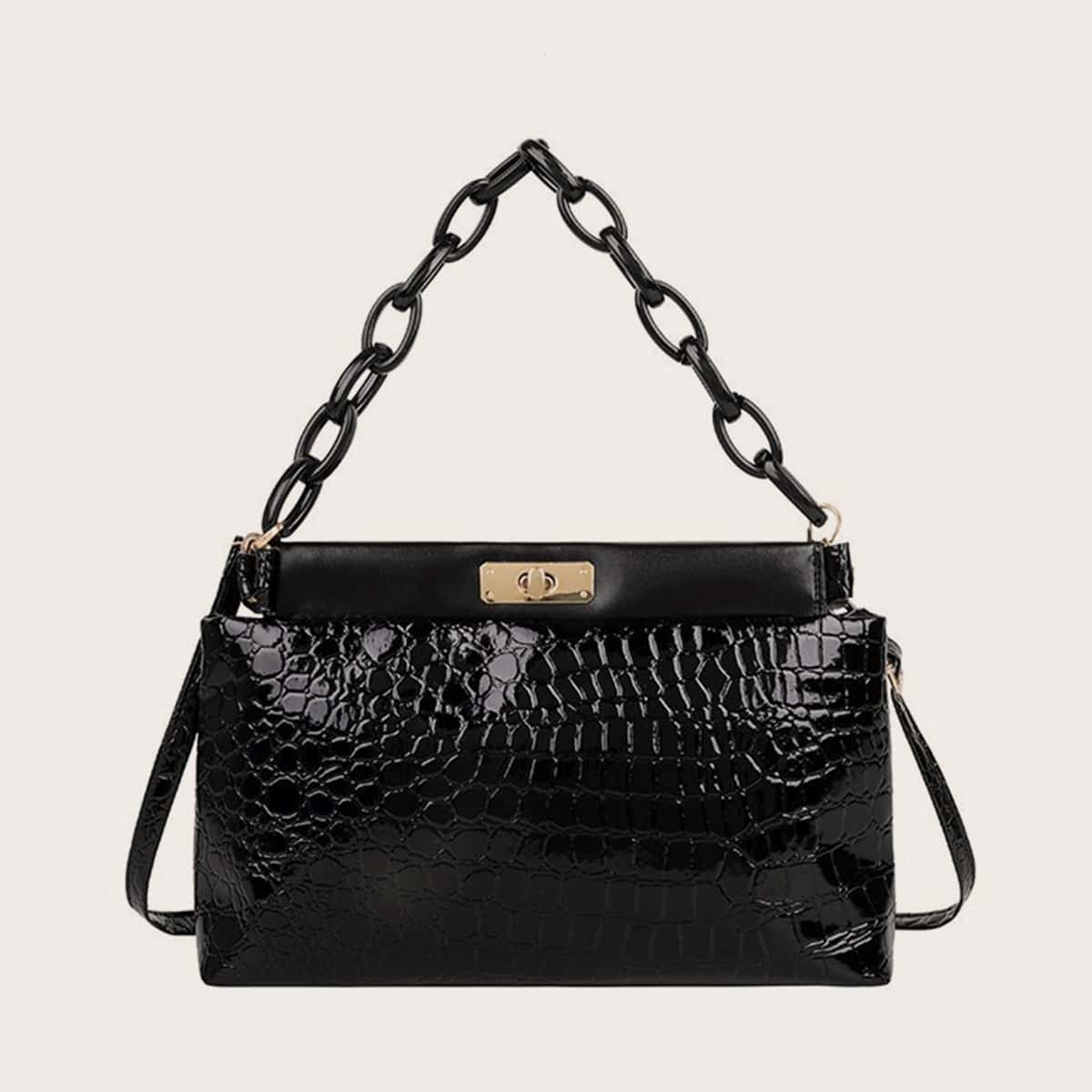 

Croc Embossed Chain Satchel Bag, Black