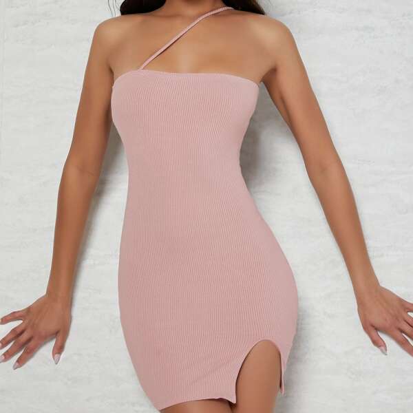 

Ribbed Asymmetrical Cami Bodycon Mini Dress, Dusty pink