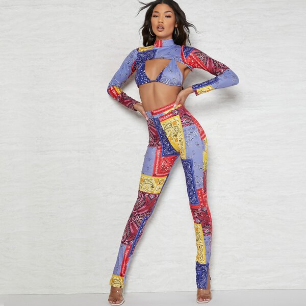 

Colorblock Paisley Bra & Bolero With Leggings Set, Multicolor