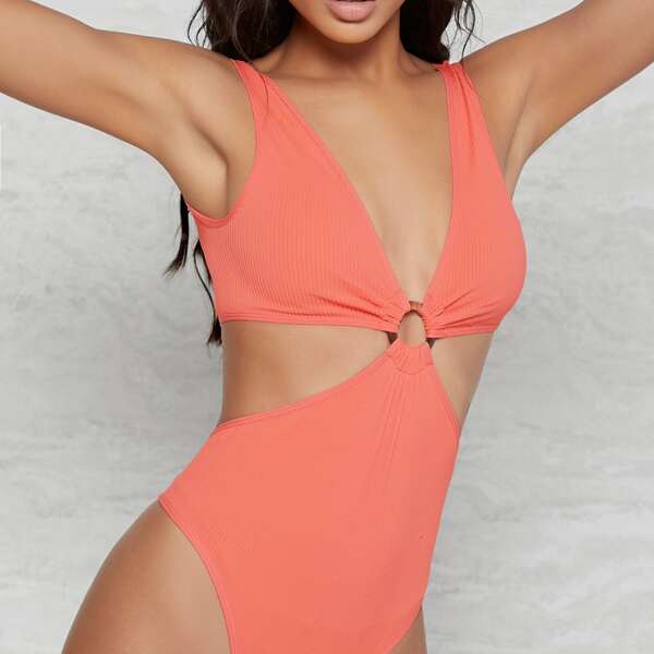 

Ribbed Plunging Neck O-Ring Cutout Bodysuit, Coral pink