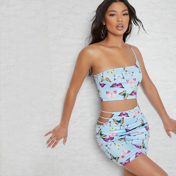 

Butterfly One-Shoulder Crop Top & Ladder Cutout Skirt Set, Pastel baby blue