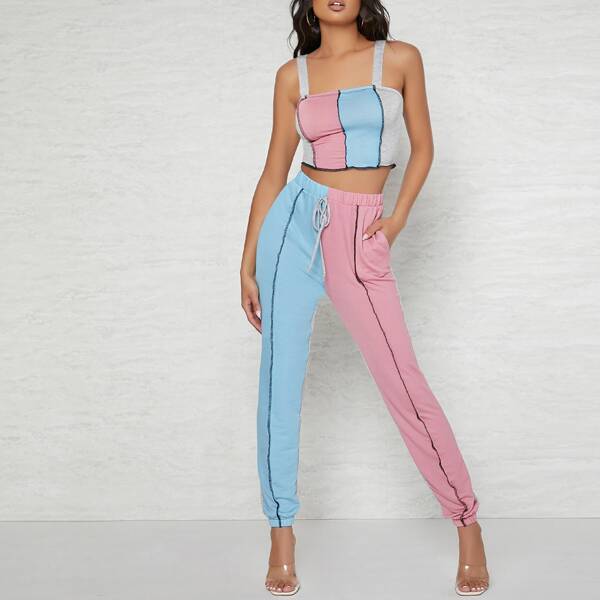

Colorblock Contrast Stitch Cami Top & Tie Waist Sweatpants Set, Multicolor