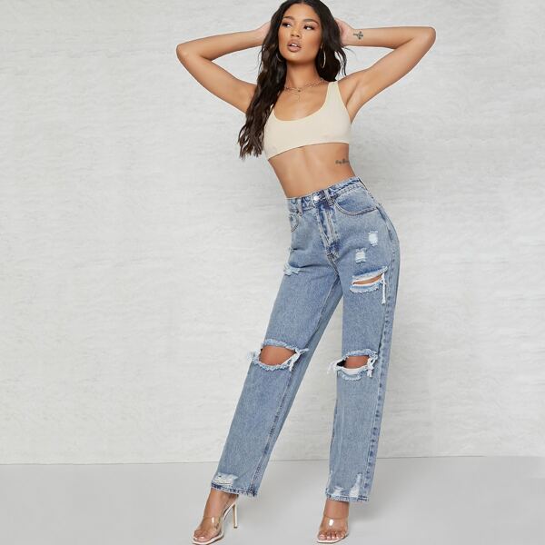 

High Waist Ripped Straight Leg Jeans, Light wash