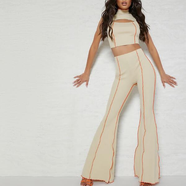 

Mock Neck Contrast Stitch Cut-out Top & Flare Leg Pants Set, Beige