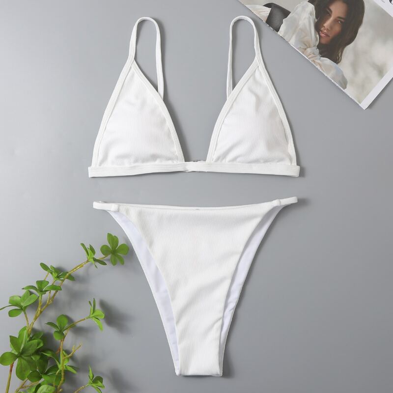 

Ribbed Triangle Tanga Bikini Swimsuit, White
