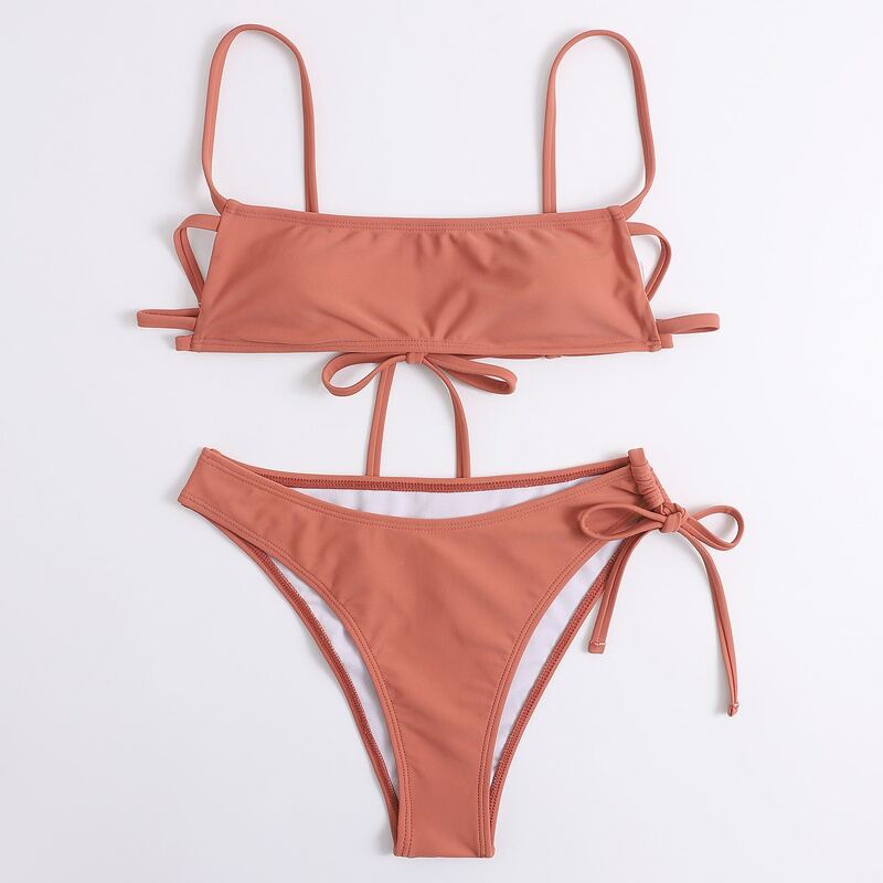 

Plain Tie Back Drawstring Bikini Swimsuit, Redwood