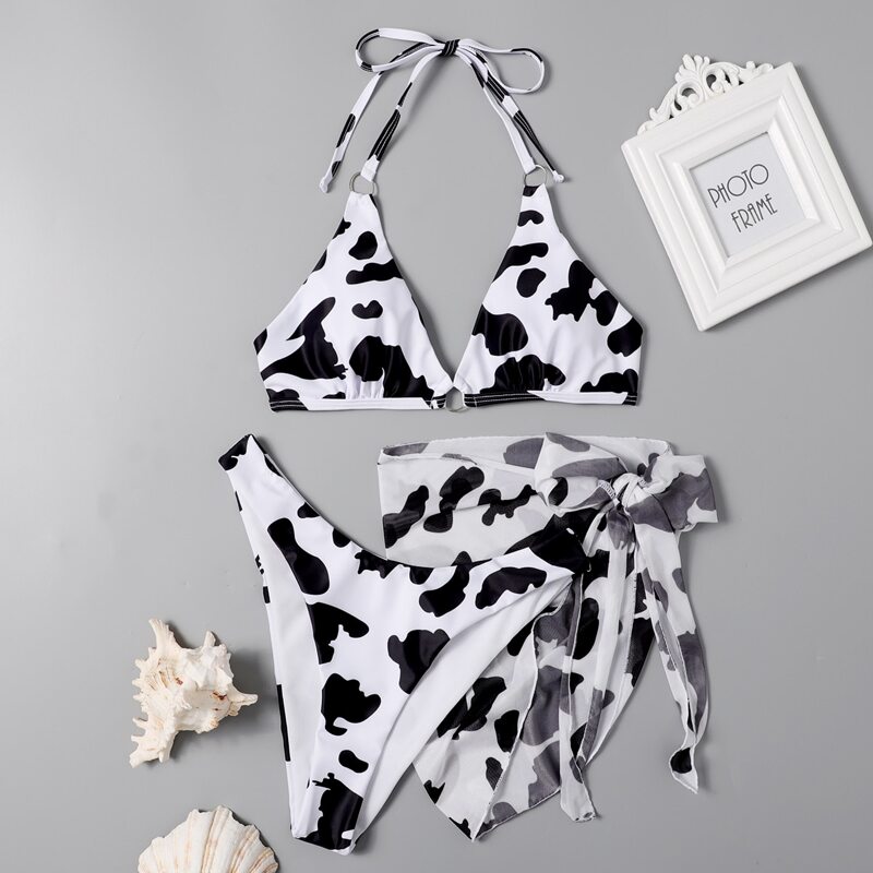 

3pack Cow Print Halter Bikini Swimsuit & Beach Skirt, Black and white
