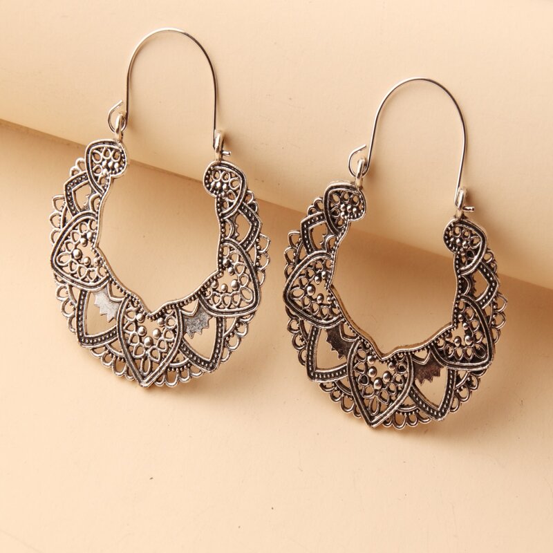 

1pair Hollow Hoop Earrings, Antique silver