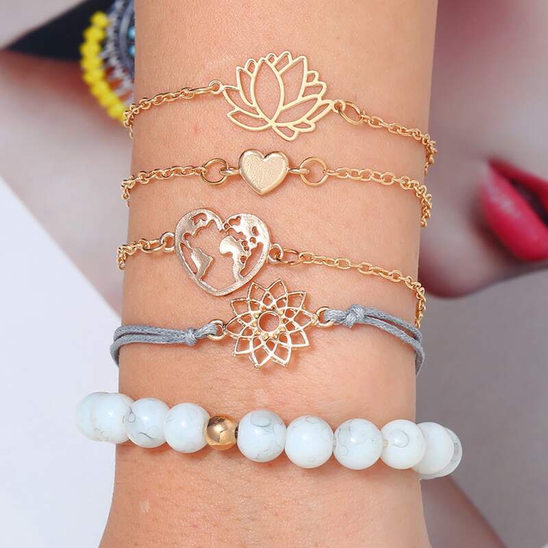 

5pcs Heart & Beaded Bracelet, Gold