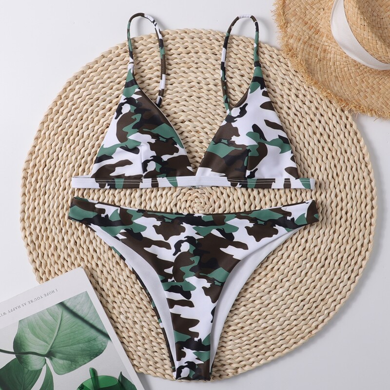 

Camo Print Cami Bikini Swimsuit, Multicolor