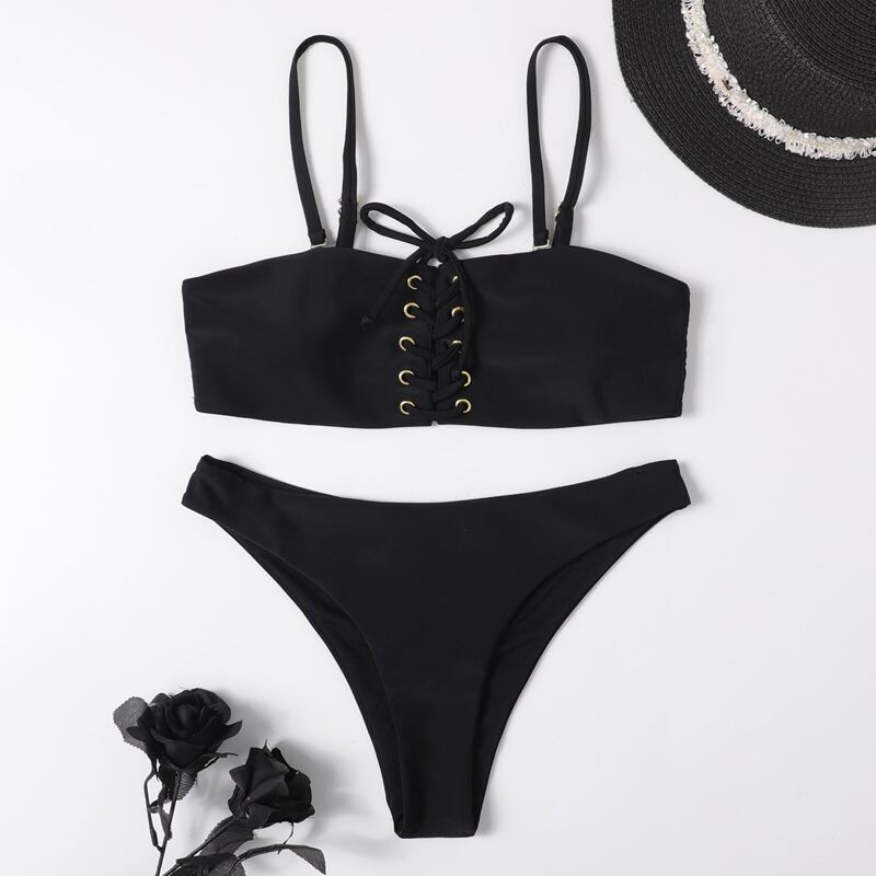 

Lace-up Front Cami Bikini Swimsuit, Black