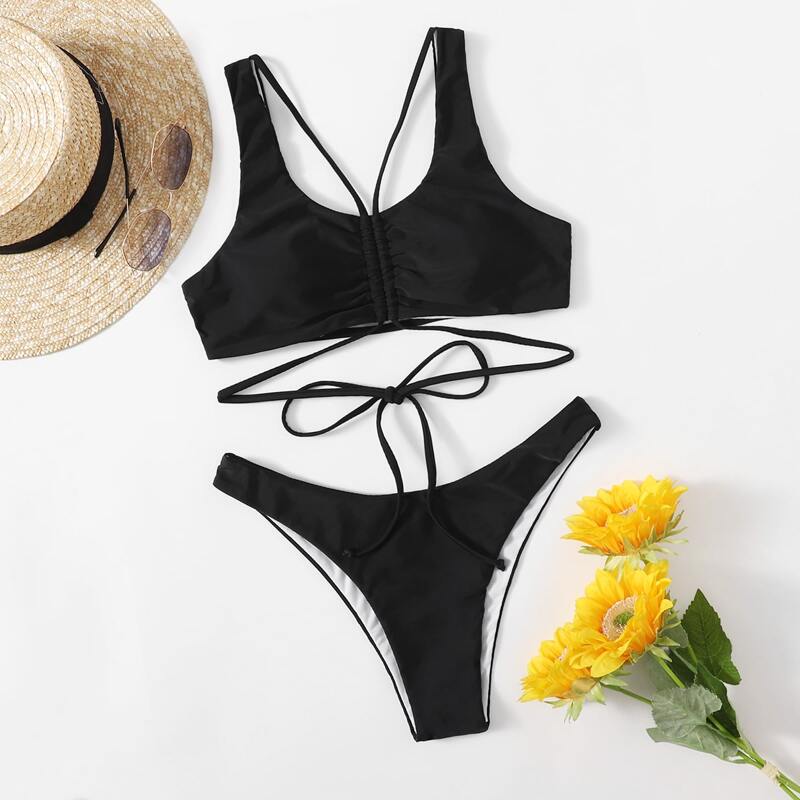 

Solid Drawstring High Cut Bikini Swimsuit, Black