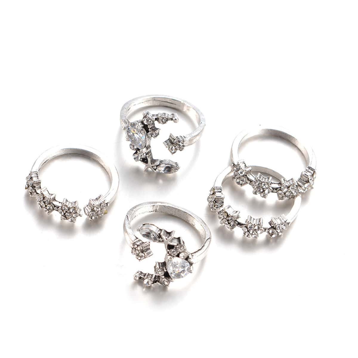 

5pcs Rhinestone Decor Ring, Silver