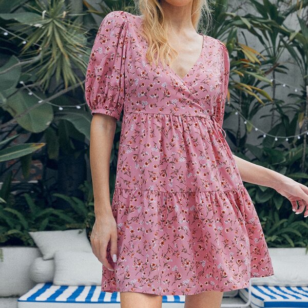 

Puff Sleeve Ruffle Hem Ditsy Floral Dress, Dusty pink