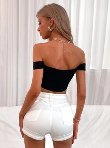 Solid Crop Bardot Top - Black - View 2