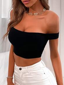 Solid Crop Bardot Top - Black - View 4