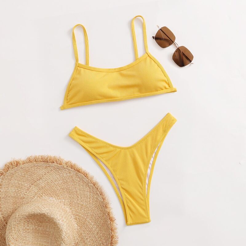 

Solid Rib High Cut Bikini Swimsuit, Yellow