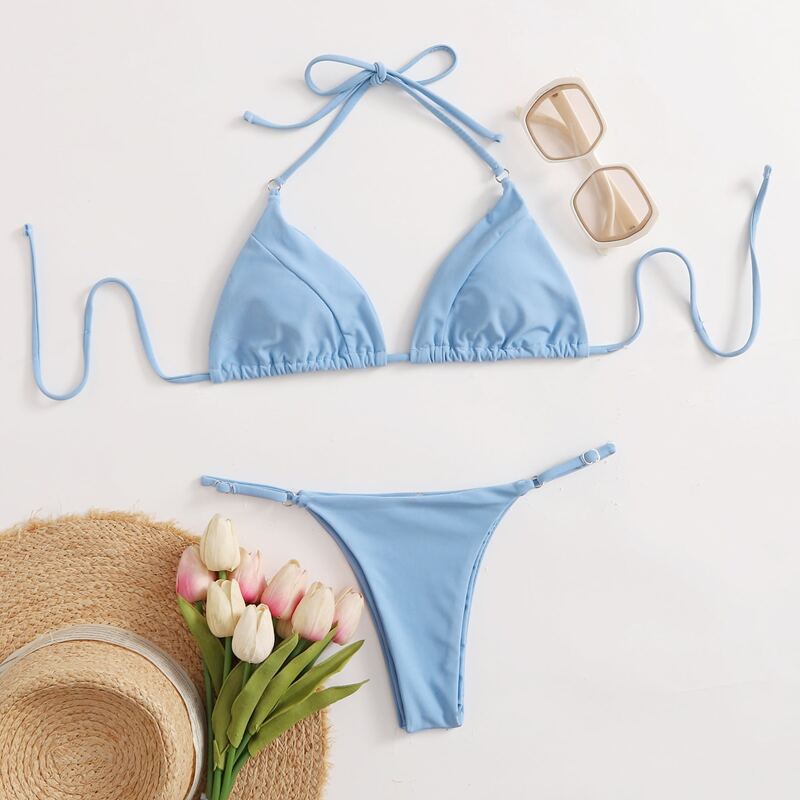 

Solid Halter Tanga Bikini Swimsuit, Baby blue