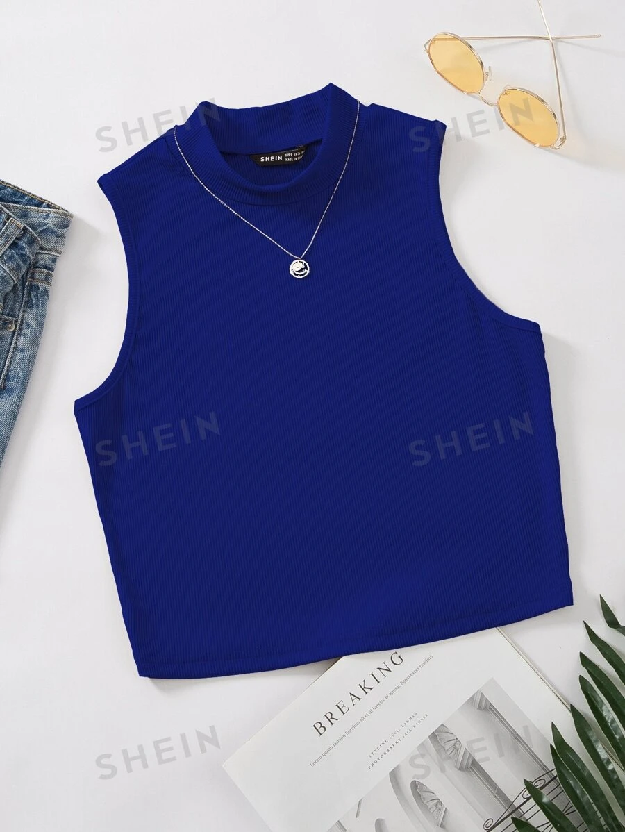 SHEIN Franclia Einfarbiges Rippenstrick Tank Top - Königsblau - Übersicht 1