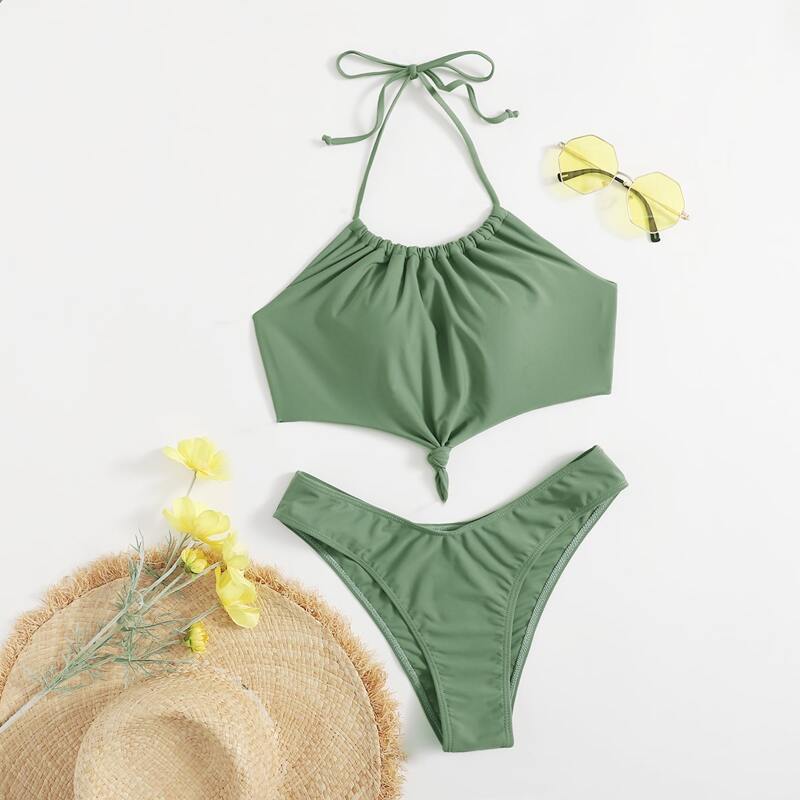 

Solid Knot Halter Bikini Swimsuit, Green