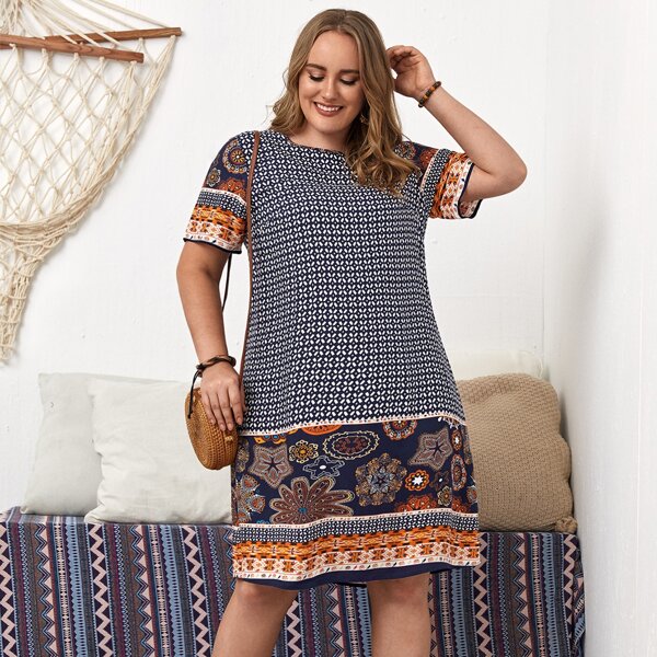 

Plus Graphic Print Tunic Dress, Multicolor