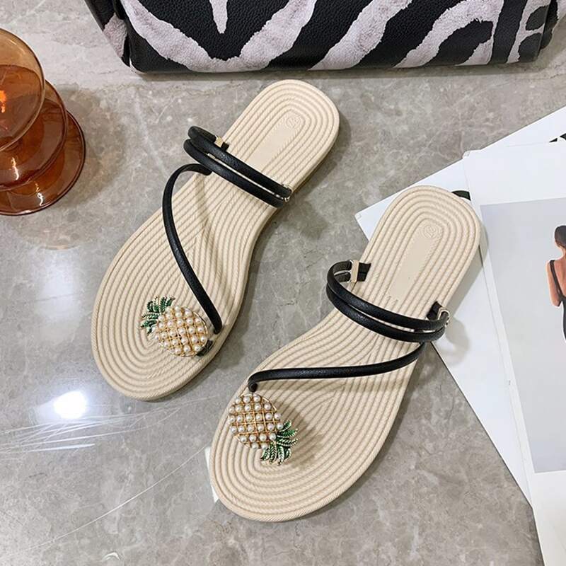 

Faux Pearl Pineapple Toe Ring Flat Sandals, Black