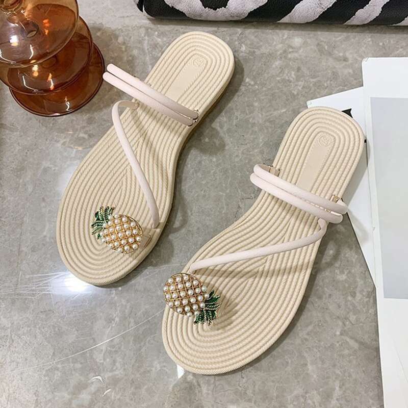 

Faux Pearl Pineapple Toe Ring Flat Sandals, Baby pink