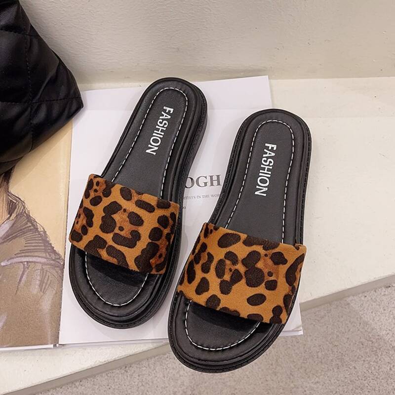 

Leopard Wide Band Slide Sandals, Brown