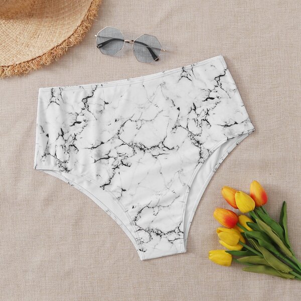 

Plus Marble Print High Waisted Bikini Panty, White