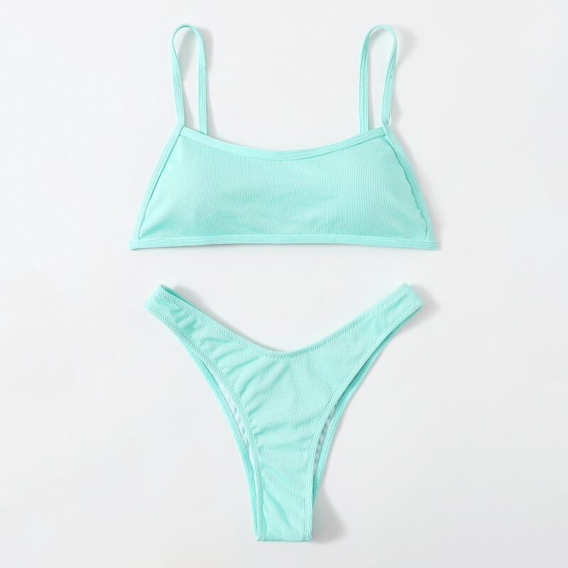 

Solid Rib High Cut Bikini Swimsuit, Mint blue