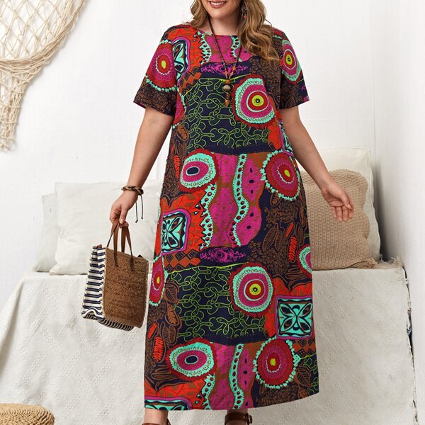 

Plus Graphic Print Tunic Dress, Multicolor