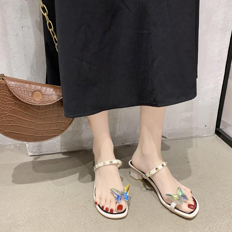 

Holographic Butterfly Toe Ring Chunky Heeled Mules, Beige