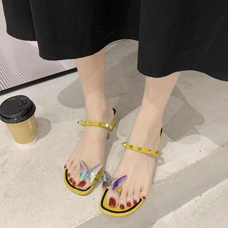 

Holographic Butterfly Toe Ring Chunky Heeled Mules, Yellow