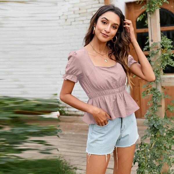 

Square Neck Puff Sleeve Peplum Blouse, Dusty pink