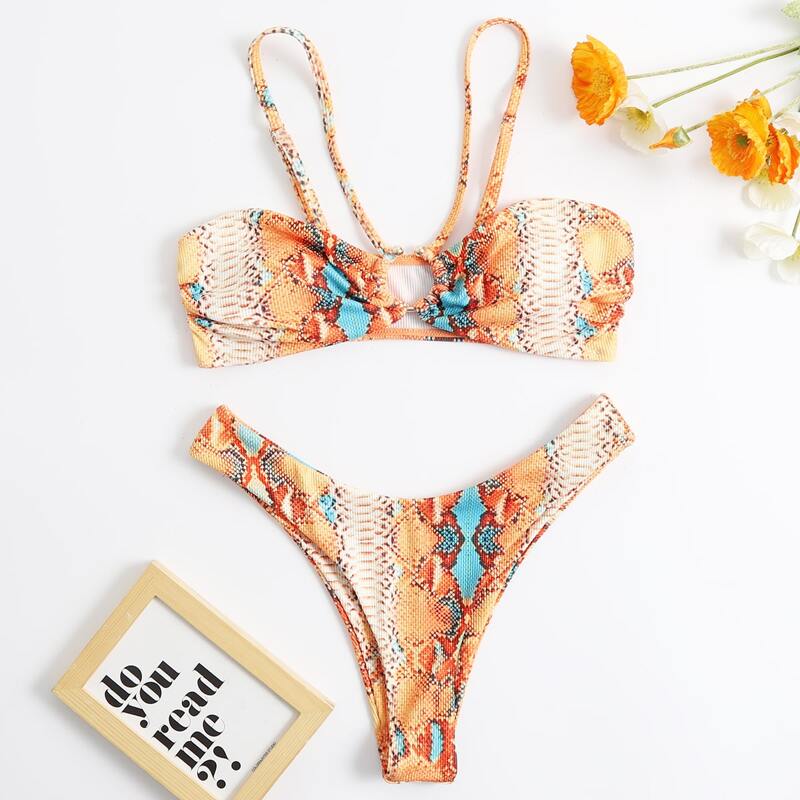 

Snakeskin Print Ring Decor Bikini Swimsuit, Multicolor