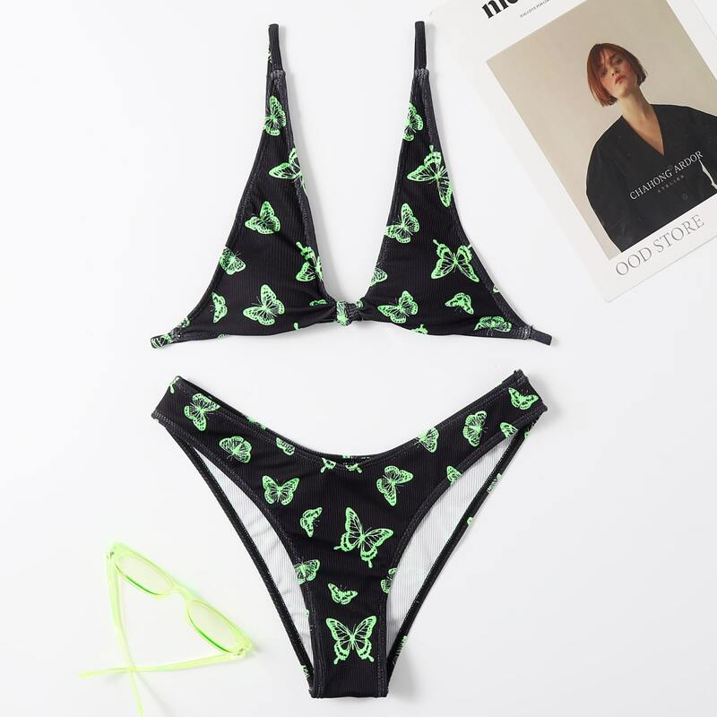 

Butterfly Print High Cut Bikini Swimsuit, Black