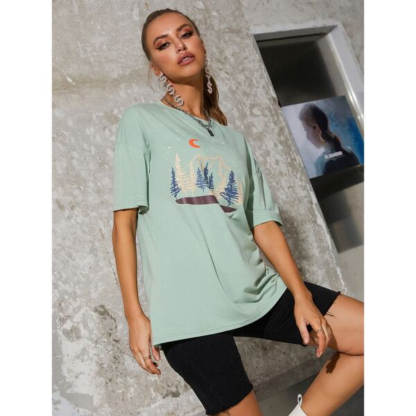 

Graphic Print Drop Shoulder Tee, Mint green