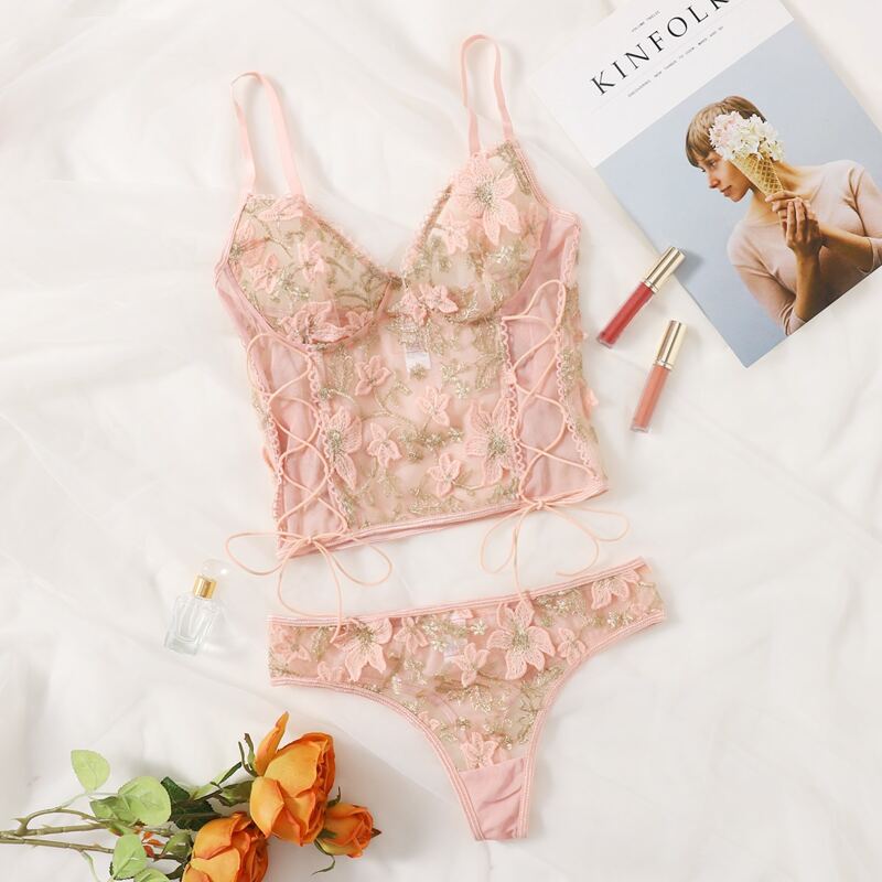 

Embroidered Mesh Lace-up Lingerie Set, Pink
