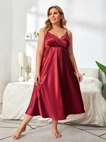 SHEIN Plus Lace Trim Satin Slip Nightdress - Burgundy - View 3