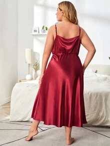 SHEIN Plus Lace Trim Satin Slip Nightdress - Burgundy - View 2