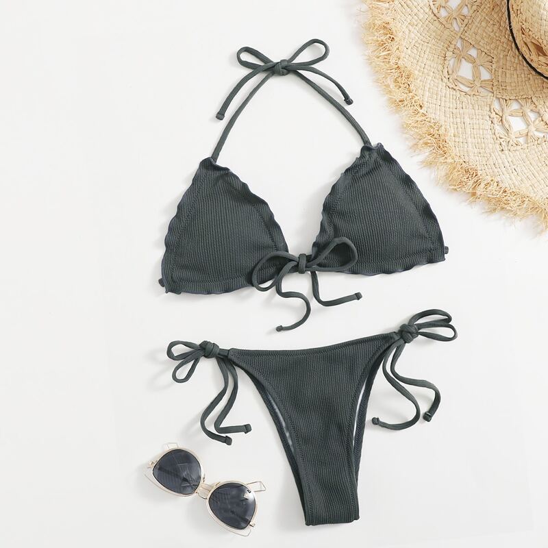 

Lettuce Halter Tie Side Bikini Swimsuit, Dark grey