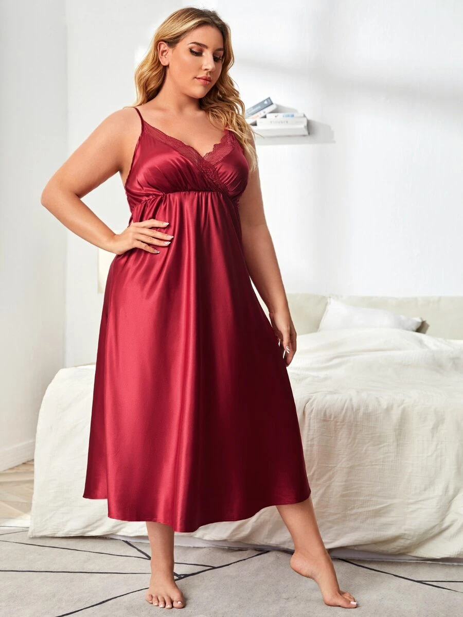 SHEIN Plus Lace Trim Satin Slip Nightdress - Burgundy - View 1