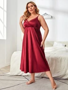 SHEIN Plus Lace Trim Satin Slip Nightdress - Burgundy - View 4