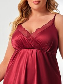 SHEIN Plus Lace Trim Satin Slip Nightdress - Burgundy - View 5