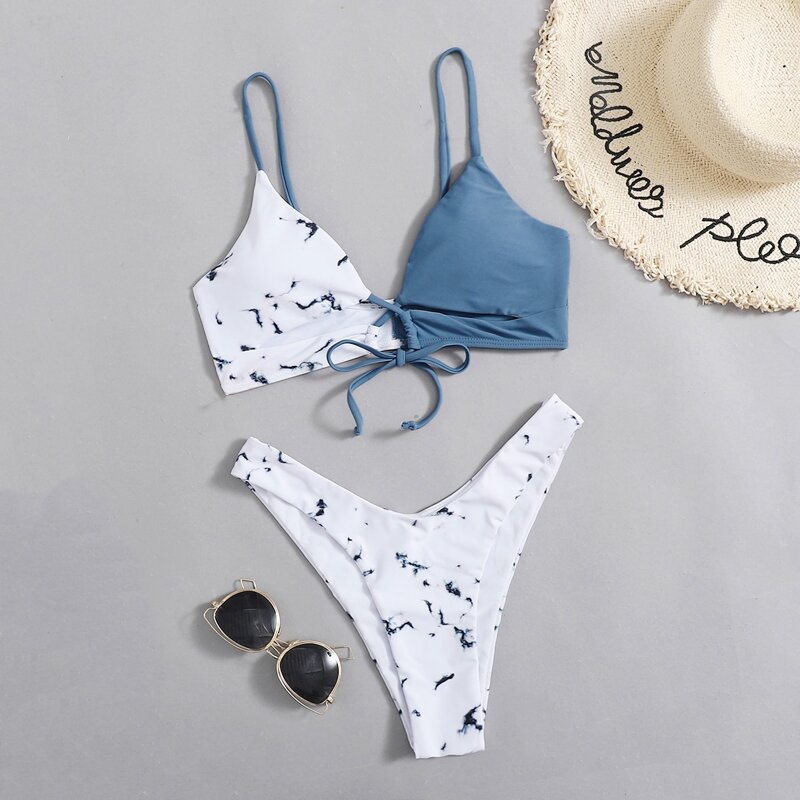 

Marble Print Cut Out Bikini Swimsuit, Multicolor