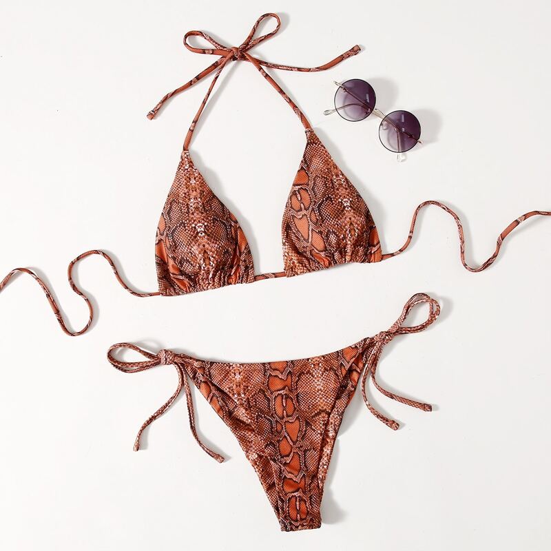 

Snakeskin Halter Tie Side Bikini Swimsuit, Rust brown