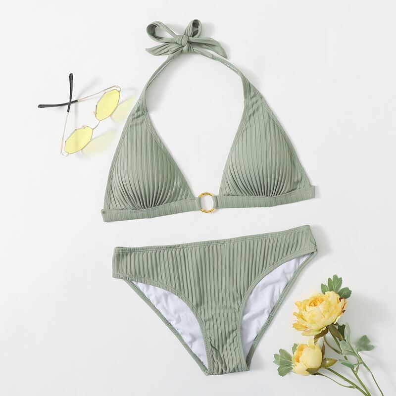 

Solid Halter Ring Linked Bikini Swimsuit, Green