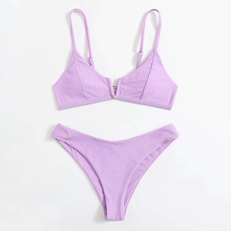 

Solid V Neck Bikini Swimsuit, Lilac purple