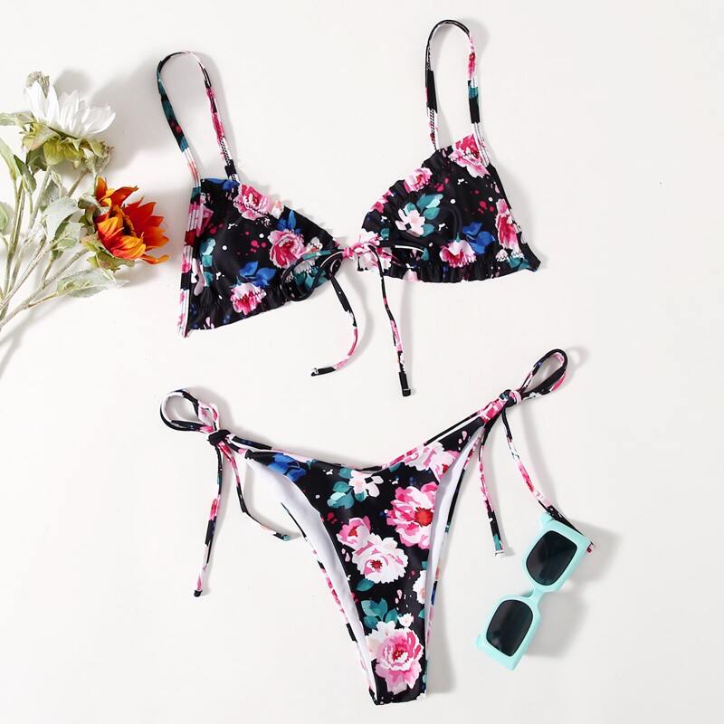 

Floral Print Frill Trim Bikini Swimsuit, Multicolor